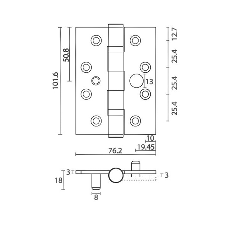 commercial door hinge 4” x 3” x 3mm with dog bolt, Grade 13, Fire Rated