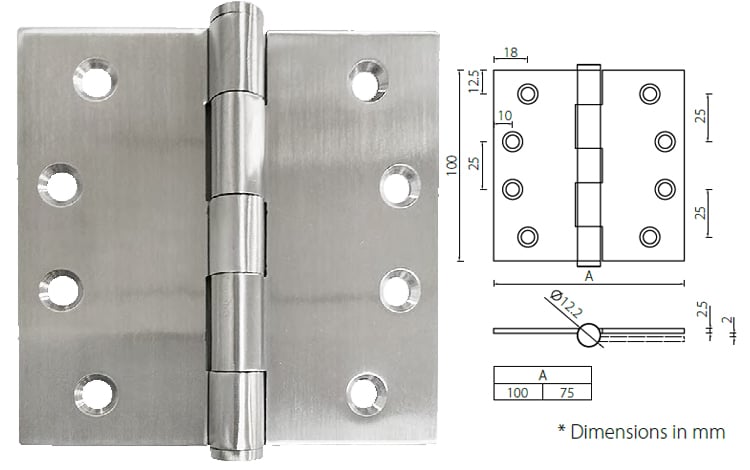 Stainless plain bearing door hinge 4” x 4” x3mm square corner - Door Hinge - 1