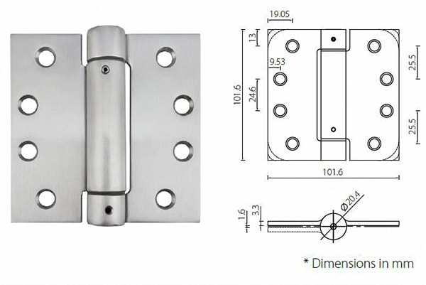 Stainless steel spring door hinge 4” x 4” x3.3mm single action - Door Hinge - 1